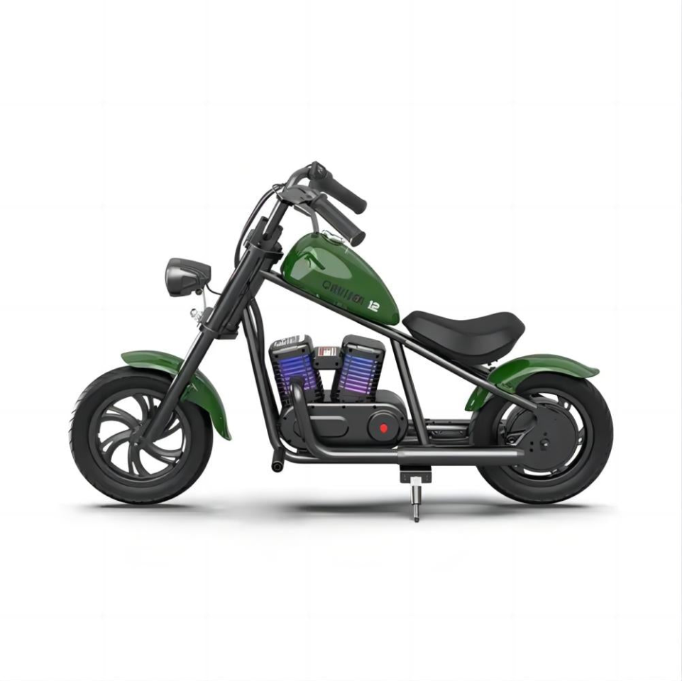 The children's electric motorcycle HYPER GOGO Crusier 12 has an engine of 160W and a battery of 22.2V 5.2Ah