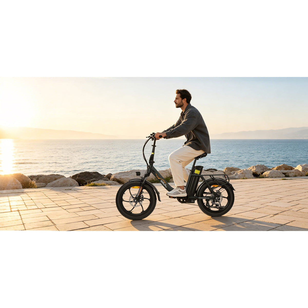 EMOKO EC23 Pro coastal lifestyle electric bike riding scene, 2000 x 2000 uncropped square